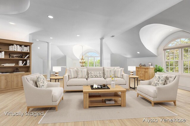 404 N Shore Dr, South Haven, MI 49090 - living area featuring decorative columns, plenty of natural light, lofted ceiling, light wood-type flooring, and recessed lighting