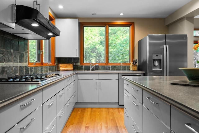 1711 Morton Ave, Ann Arbor, MI 48104 - kitchen with appliances with stainless steel finishes, ventilation hood, recessed lighting, decorative backsplash, and light wood finished floors