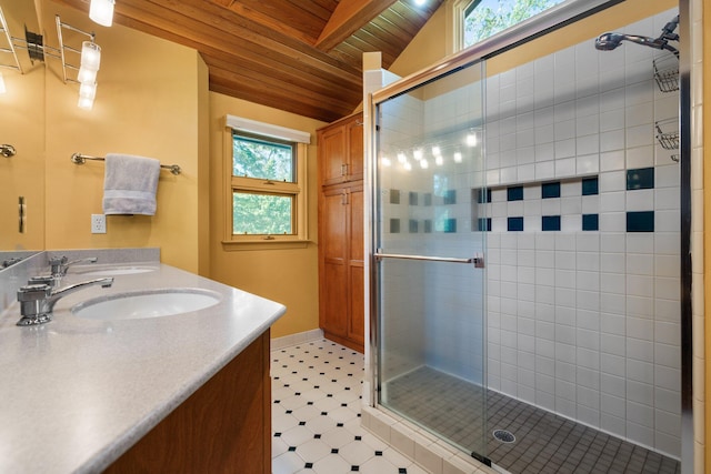 1711 Morton Ave, Ann Arbor, MI 48104 - bathroom with wooden ceiling, a stall shower, double vanity, tile patterned floors, and vaulted ceiling