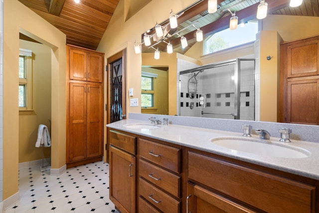 1711 Morton Ave, Ann Arbor, MI 48104 - full bath with lofted ceiling, wood ceiling, double vanity, tile patterned floors, and plenty of natural light