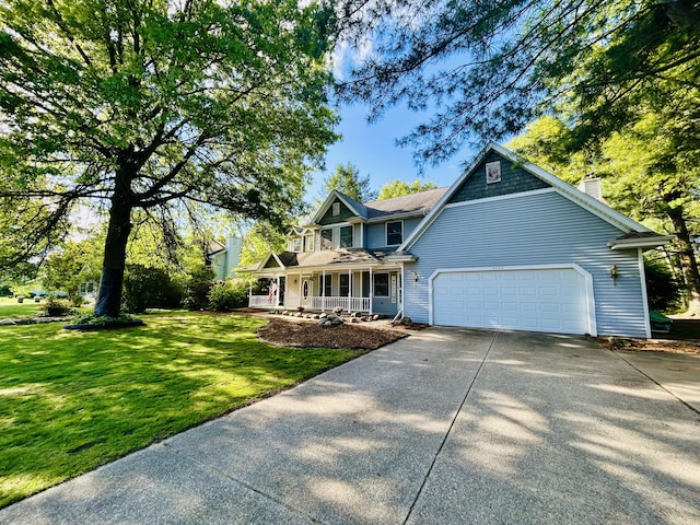 5335 Heathrow Ave, Kalamazoo, MI 49009 - view of front of home with covered porch, driveway, a garage, a front yard, and a chimney