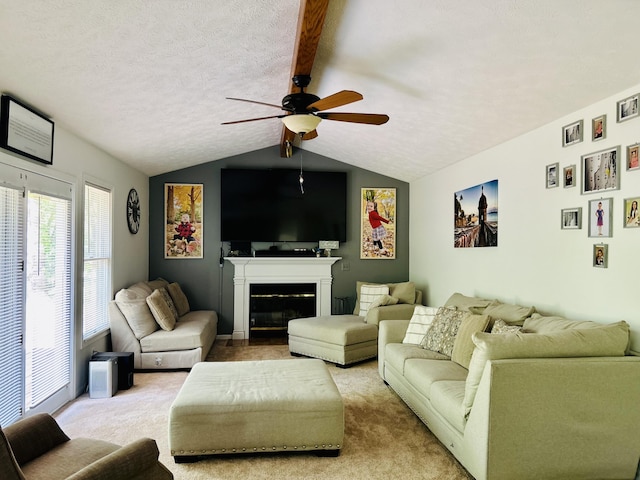 5335 Heathrow Ave, Kalamazoo, MI 49009 - living room with ceiling fan, lofted ceiling, a glass covered fireplace, carpet flooring, and a textured ceiling