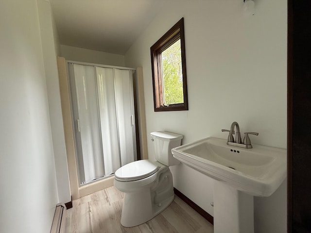 6035 W Trails End Rd, Ludington, MI 49431 - full bathroom with baseboards, toilet, a shower stall, wood finished floors, and a sink