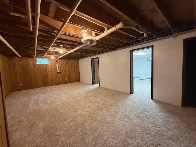 6035 W Trails End Rd, Ludington, MI 49431 - below grade area with wood walls, carpet floors, and baseboard heating