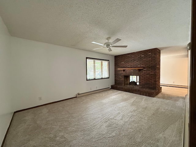 6035 W Trails End Rd, Ludington, MI 49431 - unfurnished living room with ceiling fan, baseboard heating, a baseboard heating unit, carpet floors, and a brick fireplace