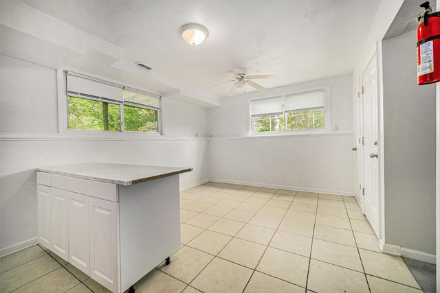 550 1st Ave, Ypsilanti, MI 48197 - kitchen featuring ceiling fan, light tile patterned floors, white cabinetry, and baseboards