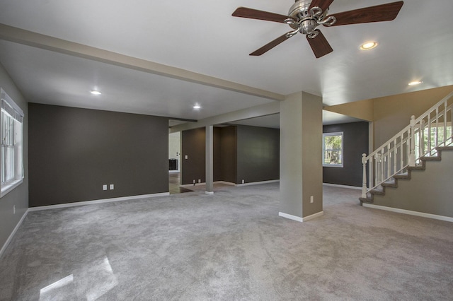 15842 Portage Rd, Vicksburg, MI 49097 - unfurnished living room featuring carpet floors, recessed lighting, baseboards, a ceiling fan, and stairway