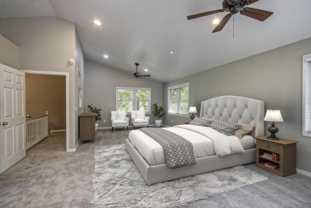15842 Portage Rd, Vicksburg, MI 49097 - bedroom featuring vaulted ceiling, carpet, baseboards, recessed lighting, and ceiling fan