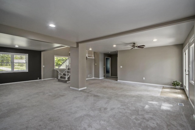 15842 Portage Rd, Vicksburg, MI 49097 - empty room with stairway, recessed lighting, carpet floors, baseboards, and a ceiling fan
