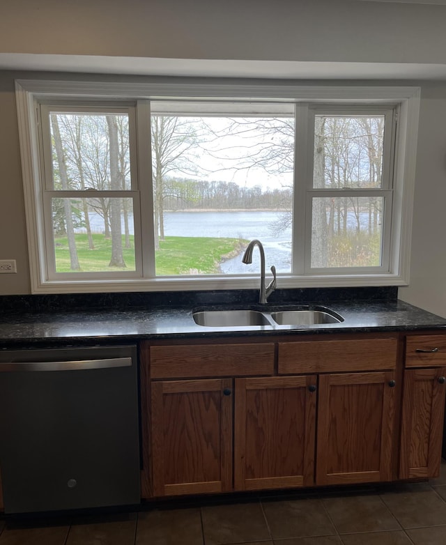 15842 Portage Rd, Vicksburg, MI 49097 - kitchen featuring dishwasher, a sink, tile patterned floors, a water view, and dark stone counters
