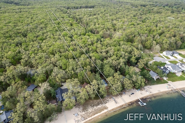 6789 W 76th St, Baldwin, MI 49304 - aerial overview of property's location with a forest, a large body of water, and property boundaries highlighted