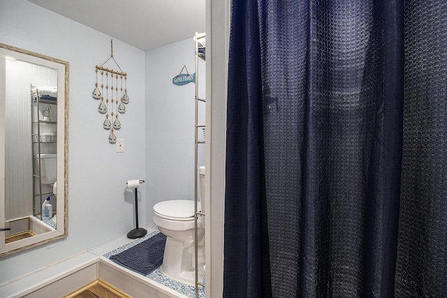 5729 N Bass Lake Rd, Irons, MI 49644 - full bathroom with toilet and a shower with shower curtain