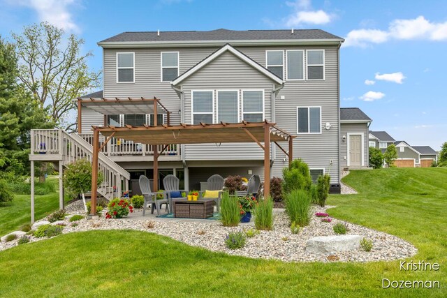 12036 Harvest Home Dr, Lowell, MI 49331 - rear view of property featuring a pergola, a deck, a patio, a yard, and stairs