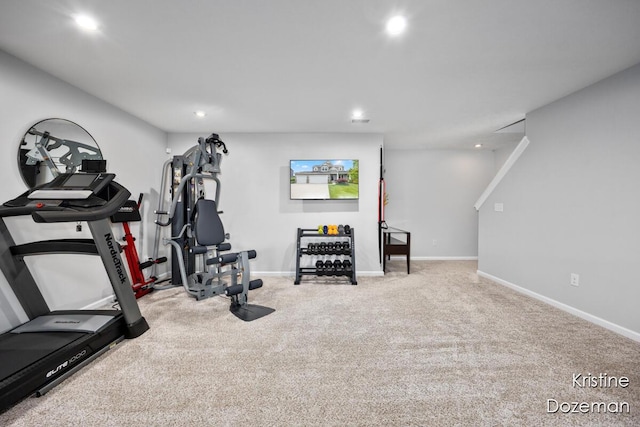 12036 Harvest Home Dr, Lowell, MI 49331 - exercise room featuring recessed lighting, carpet, and baseboards