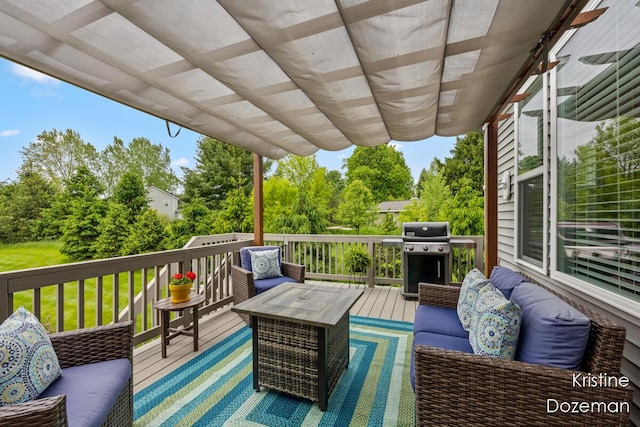 12036 Harvest Home Dr, Lowell, MI 49331 - wooden terrace with an outdoor hangout area and a grill