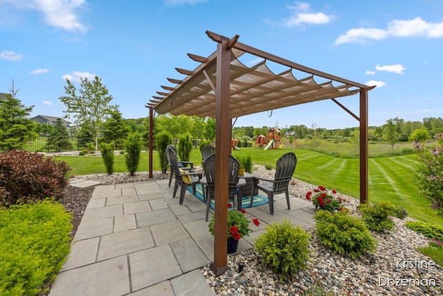 12036 Harvest Home Dr, Lowell, MI 49331 - view of patio / terrace featuring a playground and a pergola