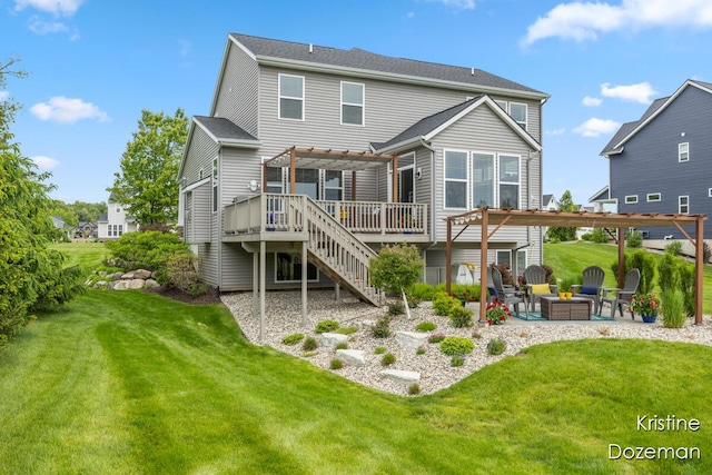 12036 Harvest Home Dr, Lowell, MI 49331 - rear view of house featuring a pergola, a deck, a patio, stairs, and a yard