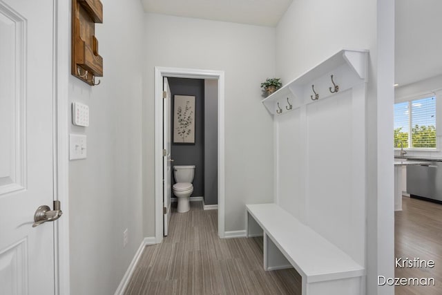 12036 Harvest Home Dr, Lowell, MI 49331 - mudroom featuring wood finished floors, baseboards, and a sink