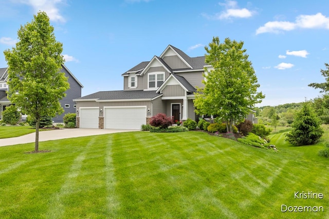 12036 Harvest Home Dr, Lowell, MI 49331 - craftsman-style house with board and batten siding, a front lawn, concrete driveway, and stone siding