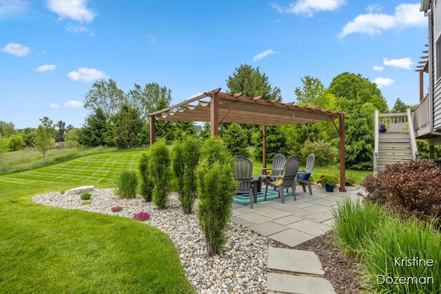 12036 Harvest Home Dr, Lowell, MI 49331 - view of green lawn featuring a pergola, stairs, and a patio