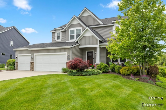 12036 Harvest Home Dr, Lowell, MI 49331 - craftsman-style home with board and batten siding, driveway, a front lawn, and roof with shingles