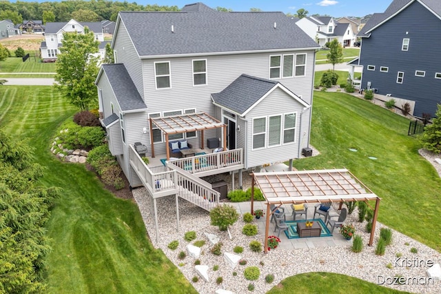 12036 Harvest Home Dr, Lowell, MI 49331 - rear view of house featuring a pergola, a patio area, a wooden deck, and an outdoor living space