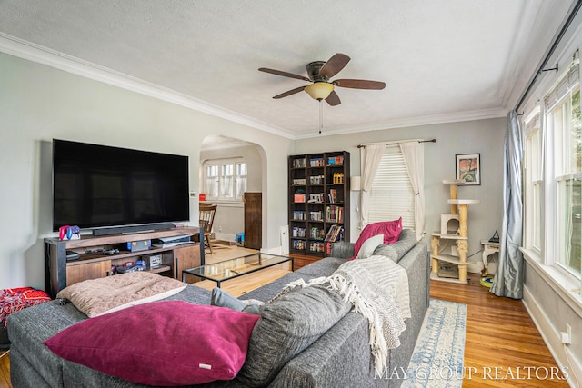 1212 Johnston St SE, Grand Rapids, MI 49507 - living area featuring arched walkways, ceiling fan, crown molding, wood finished floors, and baseboards