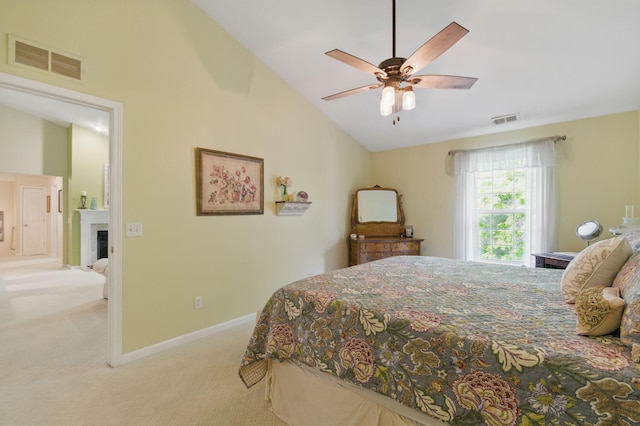 9285 Nature View Ln, Ypsilanti, MI 48197 - carpeted bedroom featuring high vaulted ceiling, baseboards, a fireplace, and ceiling fan