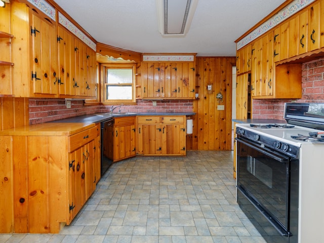 12391 Sunset Dr, Plainwell, MI 49080 - kitchen featuring range with electric stovetop, black dishwasher, open shelves, brown cabinetry, and wood walls