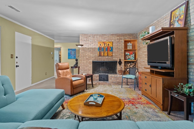 1119 Wesaw Rd, Niles, MI 49120 - living room with a brick fireplace, baseboards, light colored carpet, and brick wall
