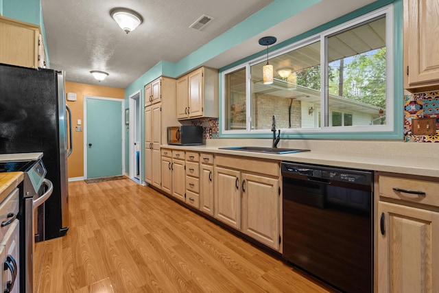 1119 Wesaw Rd, Niles, MI 49120 - kitchen featuring black appliances, a sink, light countertops, light brown cabinetry, and light wood-style flooring