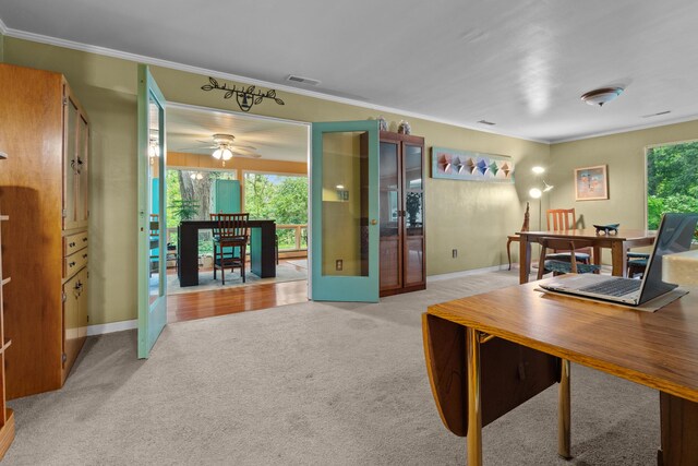 1119 Wesaw Rd, Niles, MI 49120 - home office with light carpet, healthy amount of natural light, ornamental molding, a ceiling fan, and baseboards