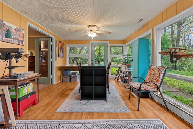 1119 Wesaw Rd, Niles, MI 49120 - sunroom with ceiling fan, plenty of natural light, wood ceiling, wooden walls, and wood finished floors