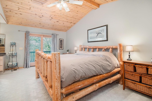 6818 W Vesper Dr, Ludington, MI 49431 - bedroom featuring light colored carpet, access to outside, wooden ceiling, a ceiling fan, and baseboards