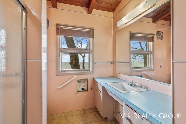 17933 N Shore Estates Rd, Spring Lake, MI 49456 - bathroom featuring vanity and wood ceiling with exposed beams
