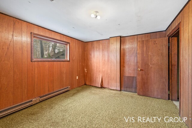 17933 N Shore Estates Rd, Spring Lake, MI 49456 - unfurnished bedroom featuring baseboard heating, wooden walls, and carpet