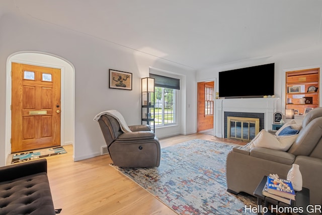 2052 Gorham Dr SE, East Grand Rapids, MI 49506 - living area featuring light wood finished floors, a fireplace with flush hearth, and baseboards