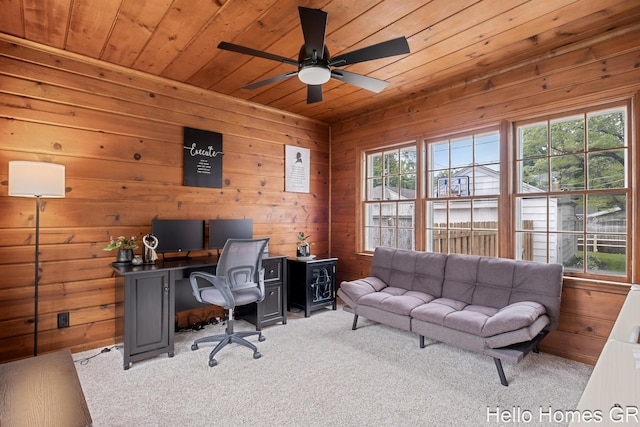 2052 Gorham Dr SE, East Grand Rapids, MI 49506 - home office with wooden ceiling, carpet flooring, a ceiling fan, and wooden walls