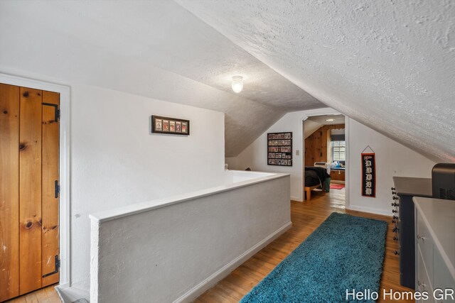 2052 Gorham Dr SE, East Grand Rapids, MI 49506 - additional living space featuring a textured ceiling, lofted ceiling, light wood-style flooring, and baseboards
