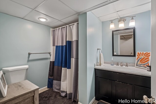 2052 Gorham Dr SE, East Grand Rapids, MI 49506 - full bath featuring a drop ceiling, baseboards, vanity, a shower with shower curtain, and toilet
