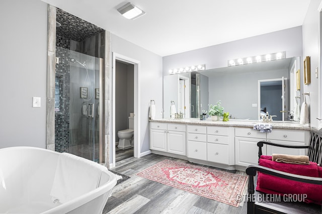 1705 Fritz St, Marne, MI 49435 - bathroom with double vanity, a stall shower, a soaking tub, and wood finished floors