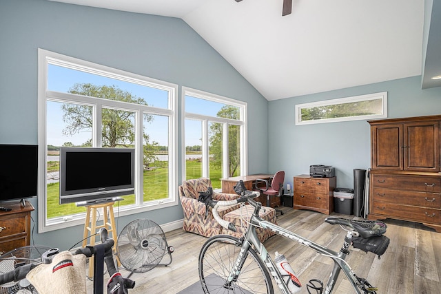 14776 Park Ct, Grand Haven, MI 49417 - office area with lofted ceiling, light wood-style floors, and a ceiling fan