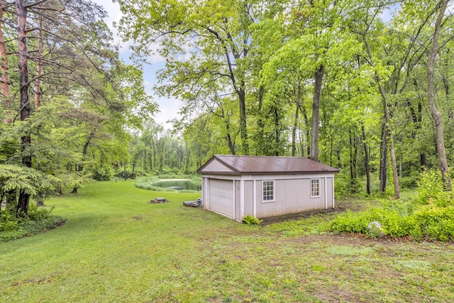 5340 Squires Manor Rd, Jackson, MI 49201 - view of grassy yard featuring an outbuilding, a detached garage, a wooded view, and a water view