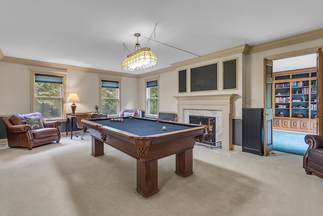 5340 Squires Manor Rd, Jackson, MI 49201 - game room with crown molding, light carpet, pool table, a premium fireplace, and baseboards