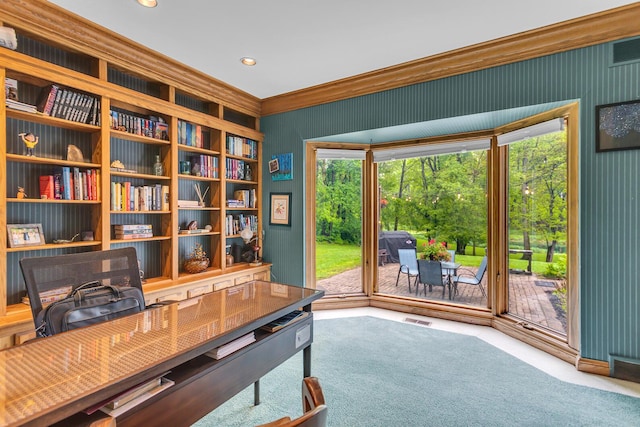 5340 Squires Manor Rd, Jackson, MI 49201 - carpeted home office with crown molding and recessed lighting