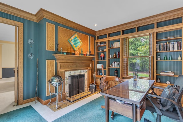 5340 Squires Manor Rd, Jackson, MI 49201 - carpeted office space with ornamental molding, a fireplace, baseboards, and wallpapered walls