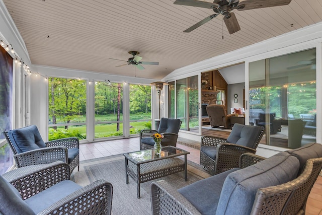 5340 Squires Manor Rd, Jackson, MI 49201 - sunroom featuring a ceiling fan, an outdoor living space, healthy amount of natural light, and lofted ceiling