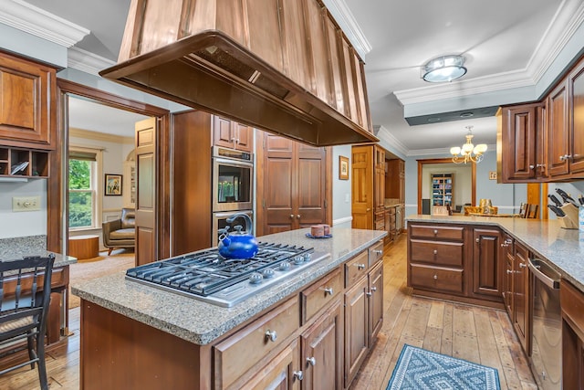 5340 Squires Manor Rd, Jackson, MI 49201 - kitchen with stainless steel appliances, light wood-style floors, ornamental molding, and light stone counters