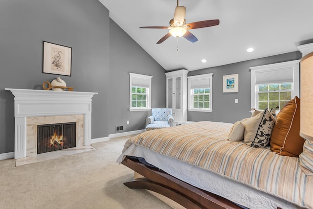 5340 Squires Manor Rd, Jackson, MI 49201 - bedroom with carpet floors, a fireplace, baseboards, recessed lighting, and a ceiling fan