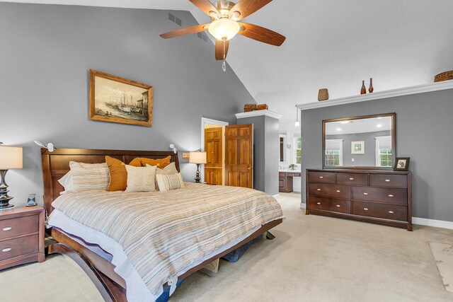 5340 Squires Manor Rd, Jackson, MI 49201 - bedroom featuring light colored carpet, high vaulted ceiling, a ceiling fan, and connected bathroom